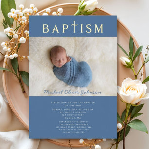 Invitation En Aluminium Croix Religieuse Bleue Garçon Baptême Photo Or