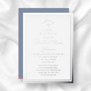 Invitation En Aluminium Croix religieuse élégante Dusty Blue Baptême garço