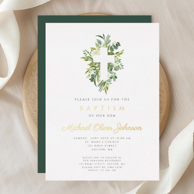 Invitation En Aluminium Croix religieuse Vert Baptême Botanique Or (Religious Cross Green Botanical Baptism Gold Foil Invitation)