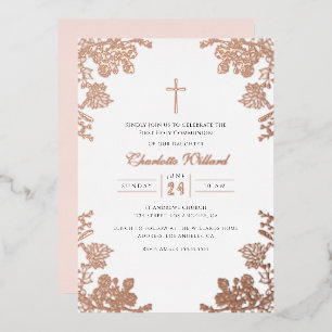Invitation En Aluminium Croix Vintage en Or Rose pour la Première Communio