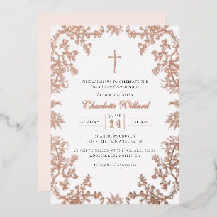 Invitation En Aluminium Croix Vintage Rose Gold pour la Première Communion