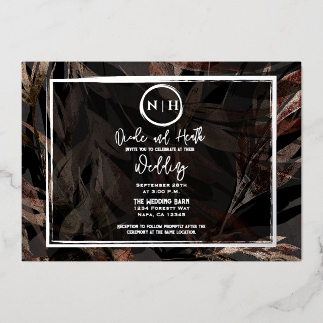 Invitation En Aluminium Cuivre foncé Bronze Brown Mariage botanique Argent (Recto)