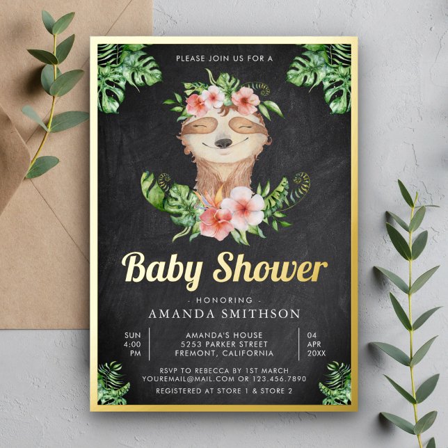 Invitation En Aluminium Cute Floral Sloth Girl Chalkboard Baby shower or (Créateur téléchargé)