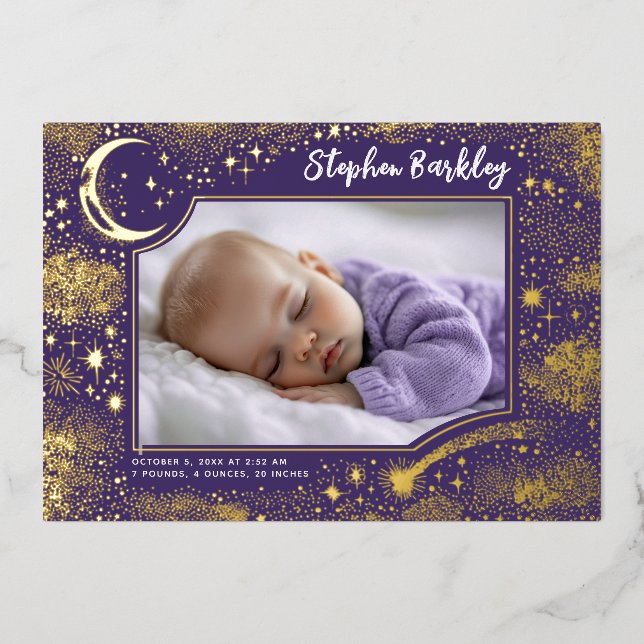 Invitation En Aluminium Cute Stars Lune Celestin Nouveau-né Photo Naissanc (Recto)
