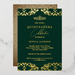 Invitation En Aluminium Damask d'or Émeraude Quinceanera 15e Anniversaire