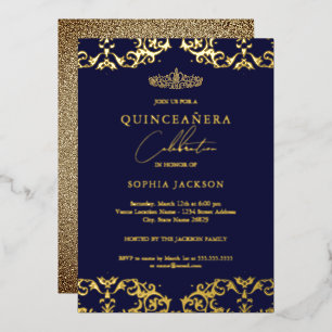 Invitation En Aluminium Damassé doré Quinceanera 15e anniversaire Navy