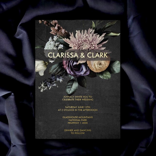 Invitation En Aluminium Dark Moody Bold Floral Black Purple Mariage (Créateur téléchargé)
