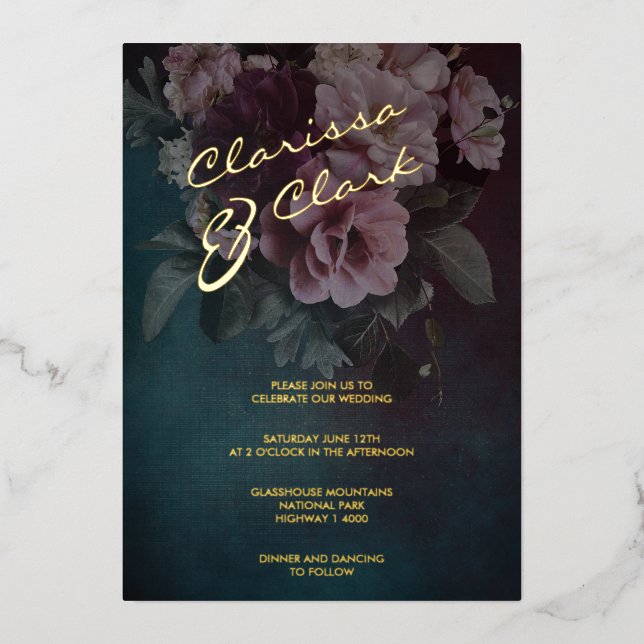 Invitation En Aluminium Dark Moody Bold Floral Gold Mariage Foil Invitatia (Recto)