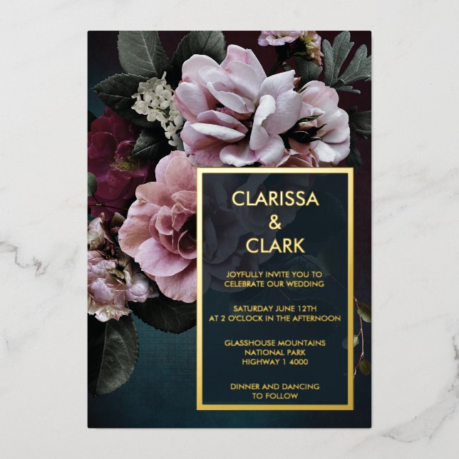 Invitation En Aluminium Dark Moody Bold Floral Mariage or (Recto)