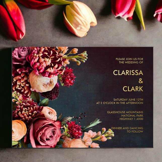 Invitation En Aluminium Dark Moody Bold Floral Marsala Mariage (Créateur téléchargé)