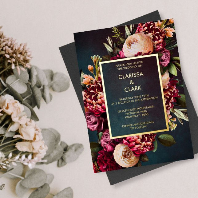Invitation En Aluminium Dark Moody Bold Floral Marsala Mariage Foil Invit (Créateur téléchargé)