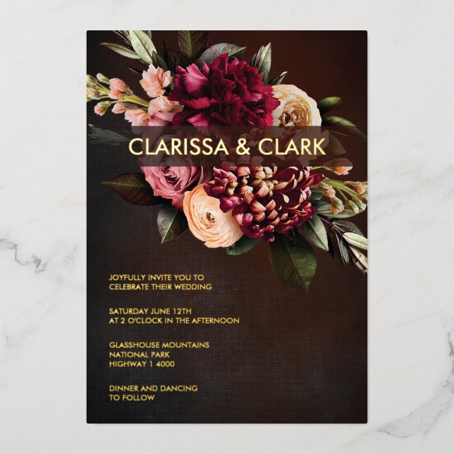 Invitation En Aluminium Dark Moody Bold Floral Marsala Mariage Foil Invit (Recto)