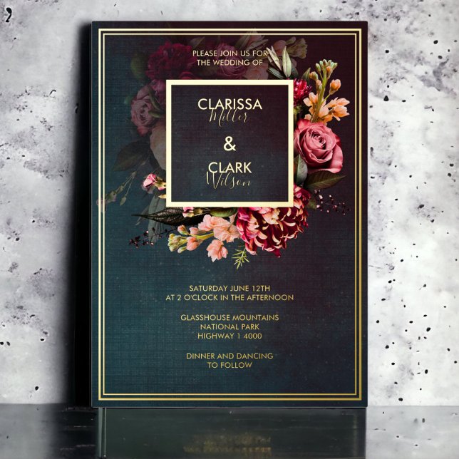 Invitation En Aluminium Dark Moody Bold Floral Marsala Mariage Foil Invita (Créateur téléchargé)