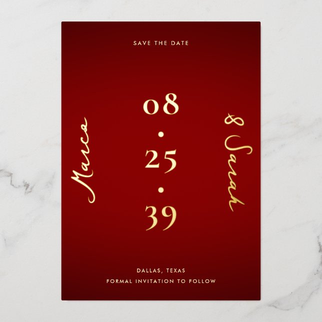 Invitation En Aluminium Date moderne | Mariage rouge et or Enregistrer la  (Recto)