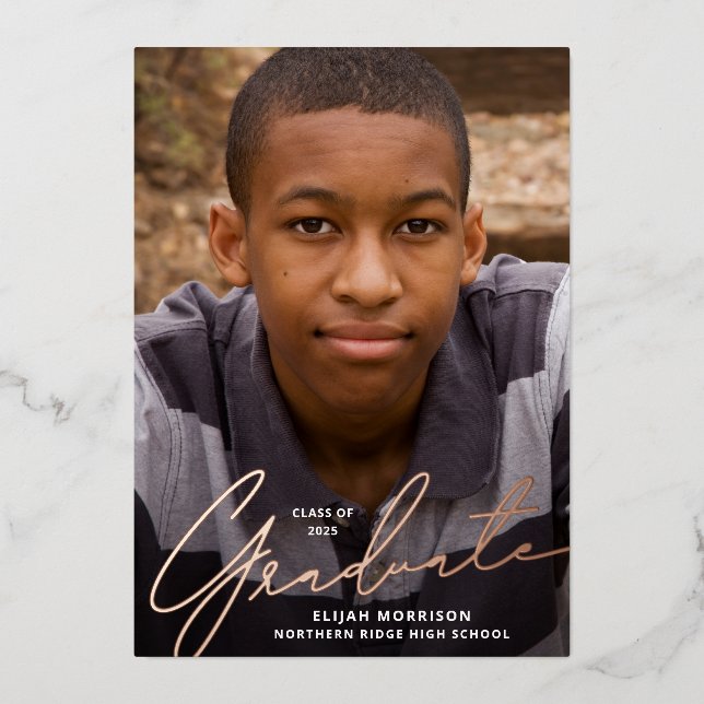 Invitation En Aluminium Décontracté Script Rose Gold Foil Photo Graduation (Recto)