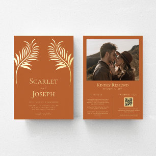Invitation En Aluminium Décor feuille d'or Mariage en terre cuite QR Code