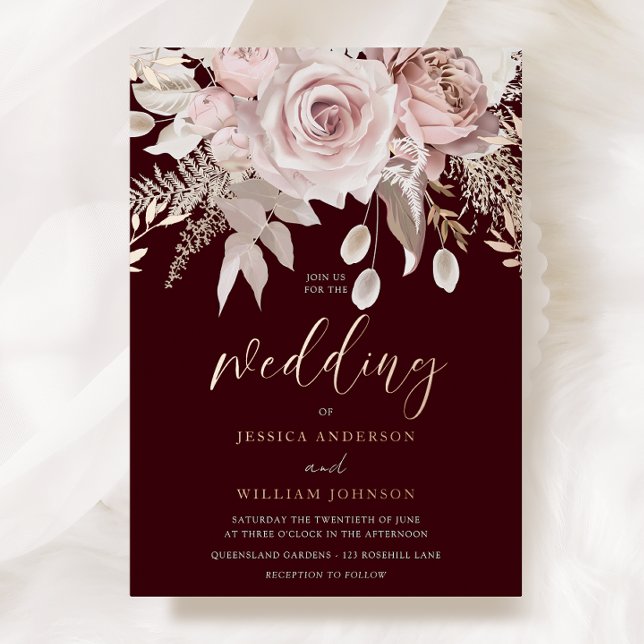 Invitation En Aluminium Deep Burgundy & Rose Gold Blush Floral Wedding (Créateur téléchargé)