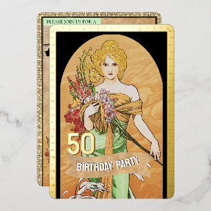 Invitation En Aluminium Déesse du Printemps Or Vintage, Mucha, 50e Anniver