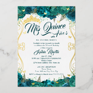 Invitation En Aluminium Défilement floral sarcelle Mis Quince Quinceanera