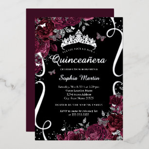 Invitation En Aluminium Défiler Floral Élégant Bourgogne Quinceanera