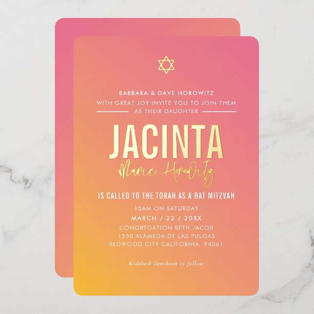 Invitation En Aluminium dégradé jaune rose étoile bat mitzvah moderne (Recto/Verso)