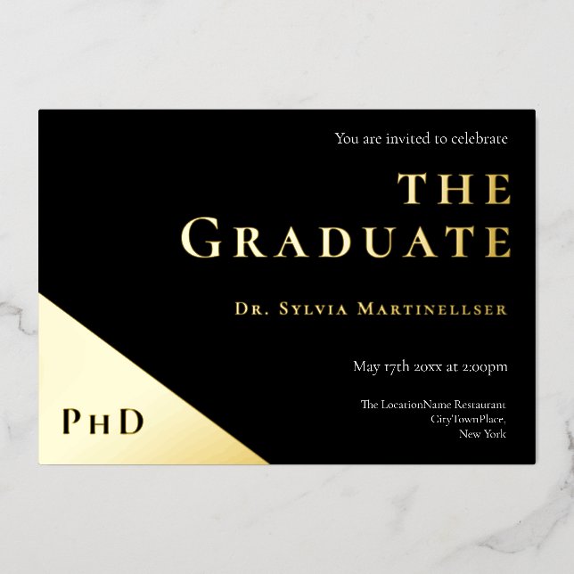 Invitation En Aluminium Degré Gold Noir de doctorat Partie de graduation (Recto)