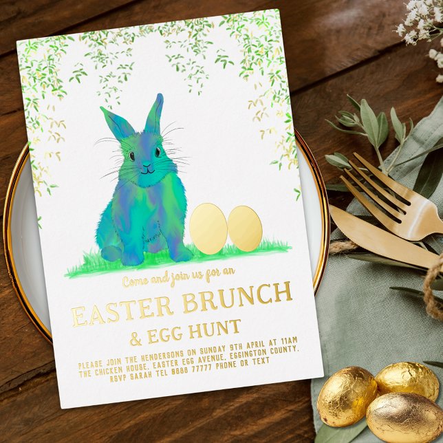 Invitation En Aluminium Déjeuner de Pâques Chasse aux œufs Lapin Bleu Mign (Modern Easter egg hunt spring brunch cute watercolor blue bunny golden eggs garden party invitation)