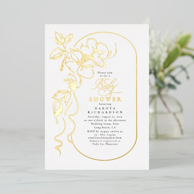 Invitation En Aluminium Delicate Floral Elegant Baby shower blanc Or (Debout devant)