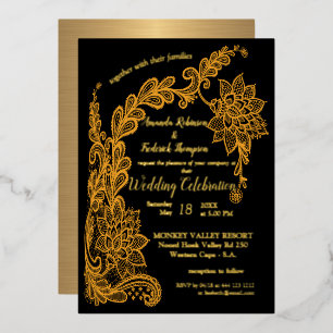 Invitation En Aluminium Dentelle abstraite dorée sur fond noir
