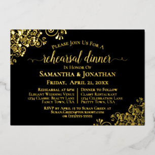 Invitation En Aluminium Dentelle d'or Élégant Mariage noir Dîner de répéti