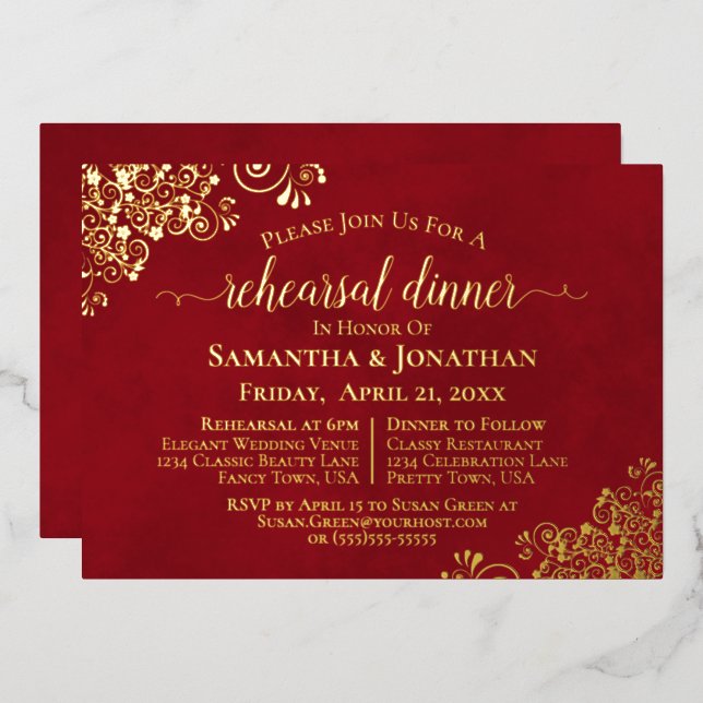 Invitation En Aluminium Dentelle d'or sur Crimson Dîner de répétition Mari (Recto/Verso)