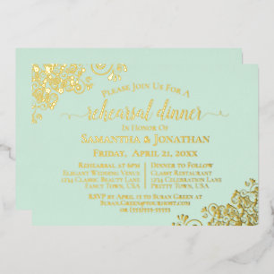 Invitation En Aluminium Dentelle d'or sur Mint Green Dîner de répétition M