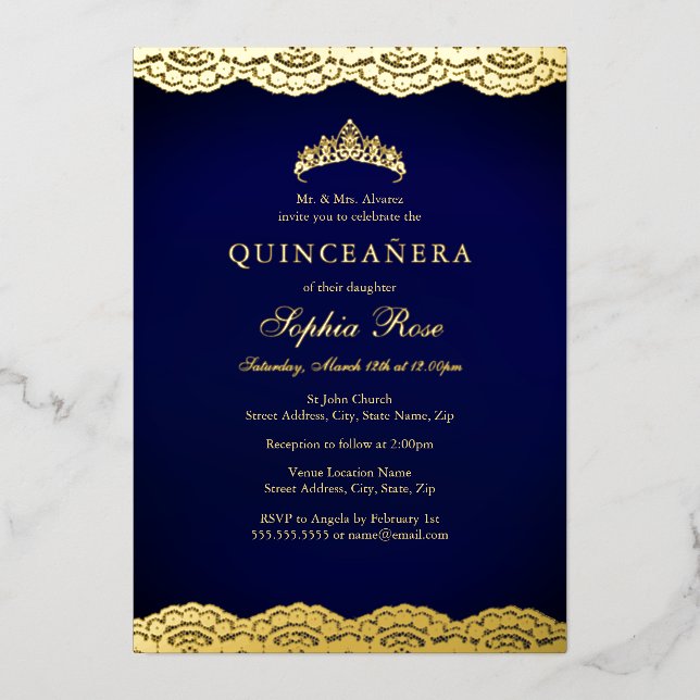 Invitation En Aluminium Dentelle d'or Tiara Quinceanera (Recto)