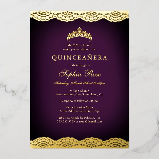 Invitation En Aluminium Dentelle d'or violet Tiara Quinceanera Foil (Recto)