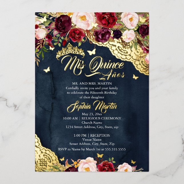 Invitation En Aluminium Dentelle florale Burgundy Butterfly Quinceanera (Recto)
