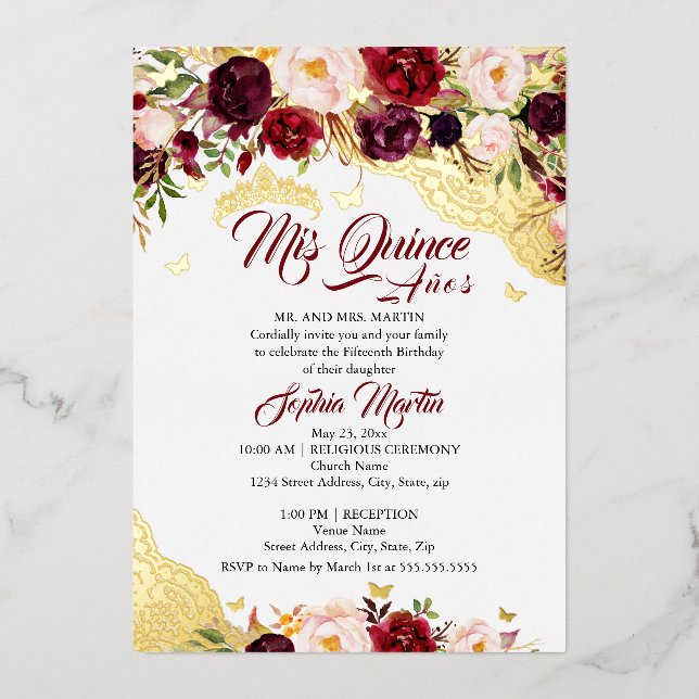 Invitation En Aluminium Dentelle florale Burgundy Papillon d'or Quinceaner (Recto)