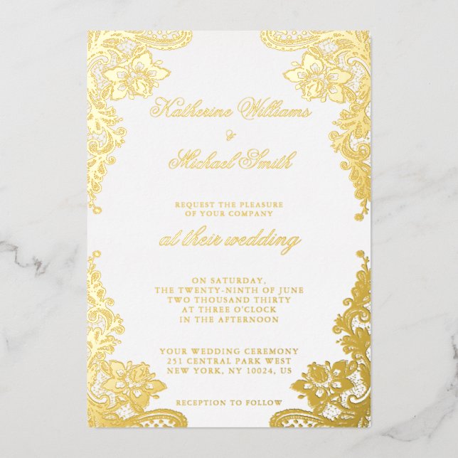 Invitation En Aluminium Dentelle florale Mariage Real Gold (Recto)