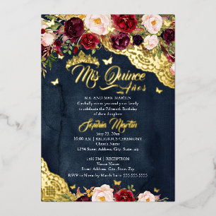 Invitation En Aluminium Dentelle Florale Navy Bourgogne Papillon Quinceane