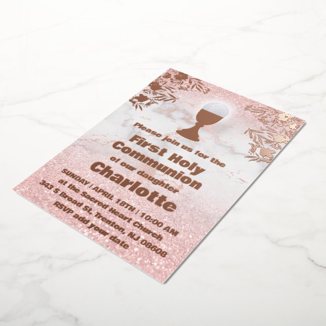 Invitation En Aluminium Détails de feuille d'or rose Première communion sa (Rotation)