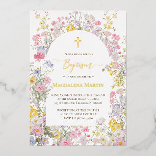 Invitation En Aluminium détails dorés fleurs sauvages Baptême