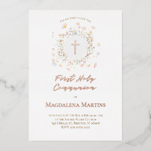 Invitation En Aluminium détails en or rose Première Communion fleurs délic