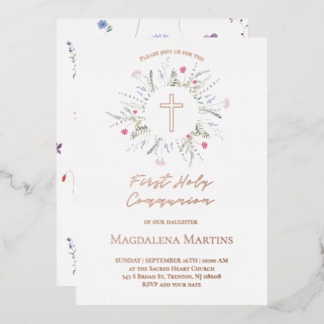 Invitation En Aluminium détails en or rose Première Communion fleurs sauva (Recto/Verso)