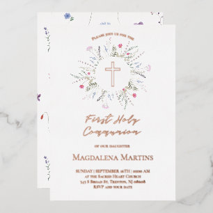 Invitation En Aluminium Détails or rose Premier Communion fleurs sauvages