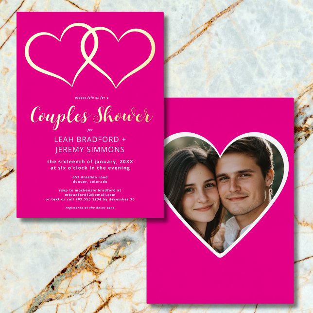 Invitation En Aluminium Deux Coeurs minimum Couples Rose Chaud Photo Douch (Minimal Two Hearts Hot Pink Couples Shower Photo Foil Invitation)