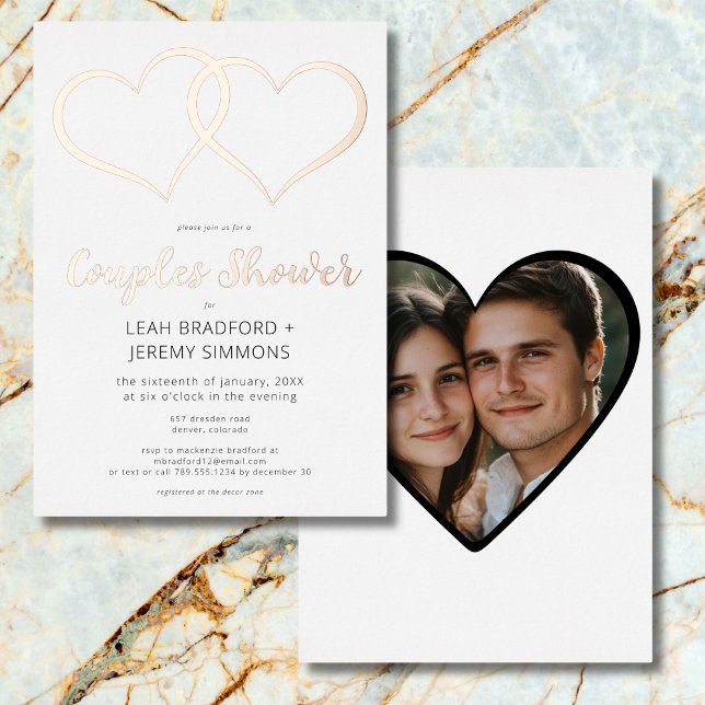 Invitation En Aluminium Deux Coeurs minimum noir blanc Couple Photo (Minimal Two Hearts Black White Couple Shower Photo Foil Invitation)