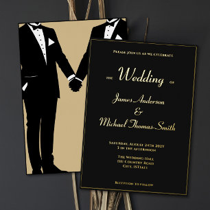 Invitation En Aluminium Deux mariés élégant smoking noir or mariage or