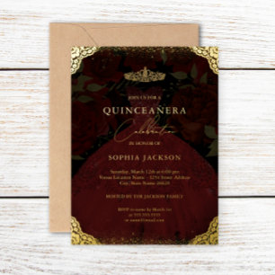 Invitation En Aluminium Diadème de robe dorée rouge scintillante Quinceane