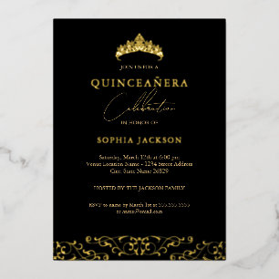 Invitation En Aluminium Diadème élégant en or noir Script Quinceanera