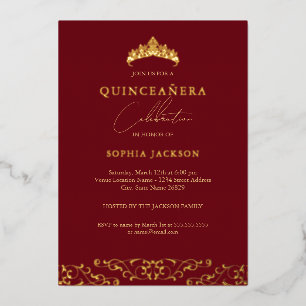Invitation En Aluminium Diadème élégant en or rouge Script Quinceanera