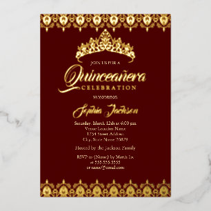 Invitation En Aluminium Diadème en feuille d'or Burgundy Quinceanera